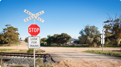 A stop and 'look for trains'sign at a level crossing