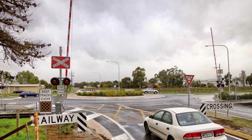 A level crossing at a roundabout